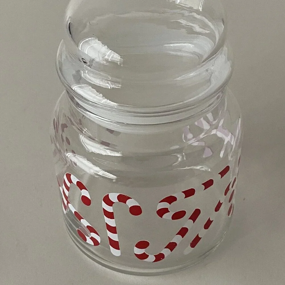 Red White Candy Cane Clear Glass w Lid Candy Cannister Jar 5 1/2